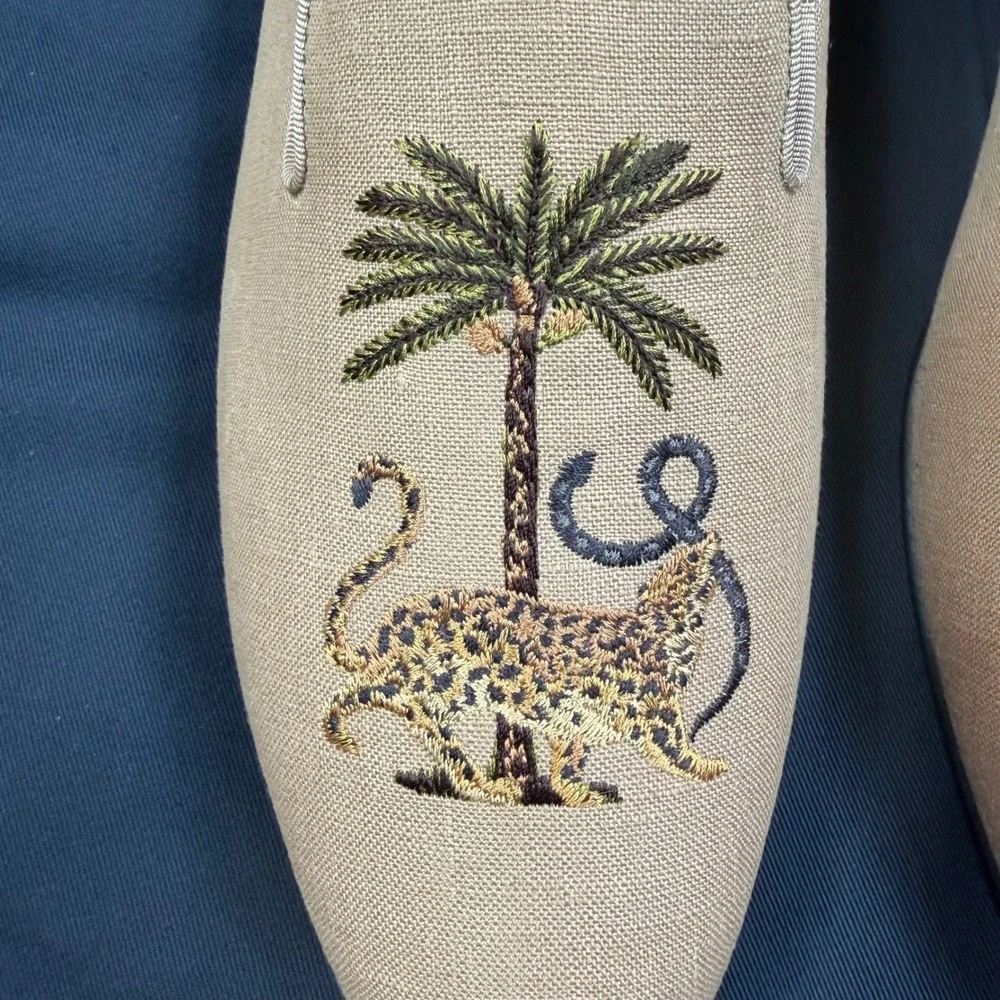 Ralph Lauren Mens 10 Alonzo Palm Jaguar Loafers Khaki Linen Embroidered Like New